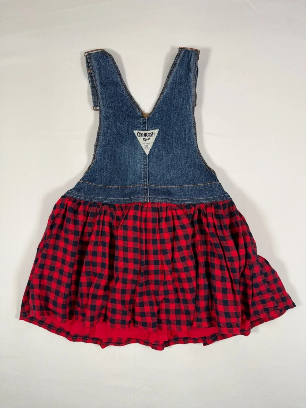 OSHKOSH B’GOSH Toddler Girl Denim Plaid Vestbak Overall Dress Western Cowgirl 3T